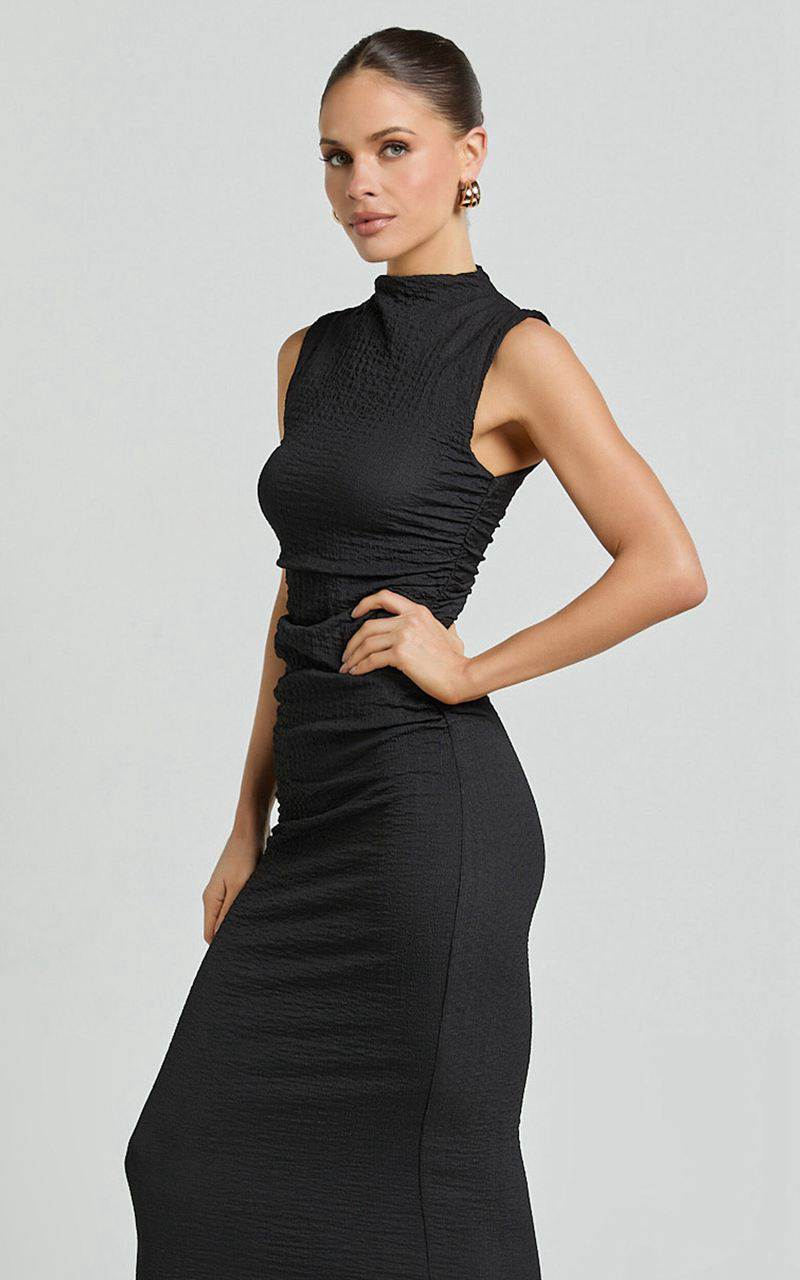 Showpo Aleks Midi Dress - High Neck Bodycon Dress Black | VRTPML964