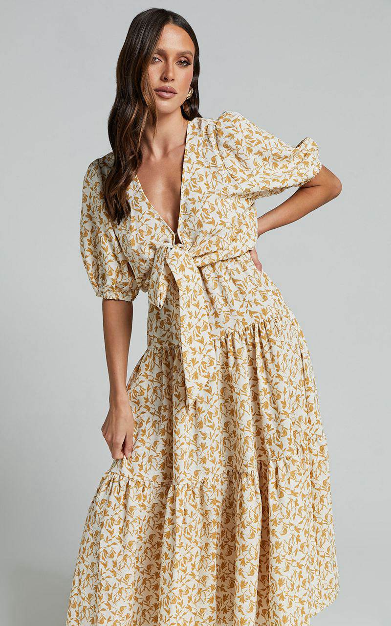 Showpo Alena Midi Dress - Short Puff Sleeve Tie Front Tiered Dress Golden Floral | WBVZPT760