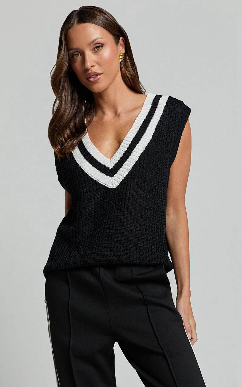 Showpo Aleona Top - V Neck Sleeveless Knit Sweater Vest Black | ISWOPC618