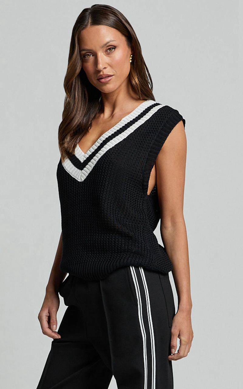 Showpo Aleona Top - V Neck Sleeveless Knit Sweater Vest Black | ISWOPC618