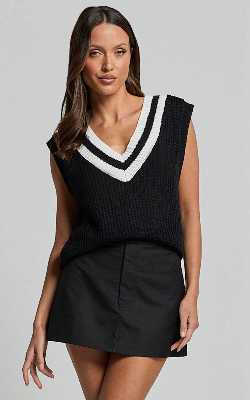 Showpo Aleona Top - V Neck Sleeveless Knit Sweater Vest Black | ISWOPC618