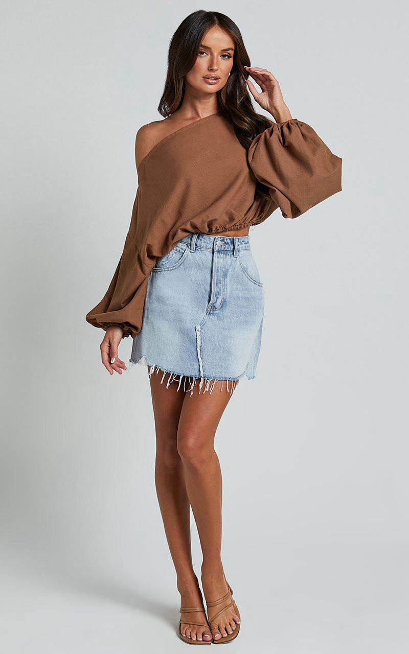 Showpo Alesia Top - Asymmetrical Boat Neck Elastic Hem Crop Top Chocolate | OJSNBZ681