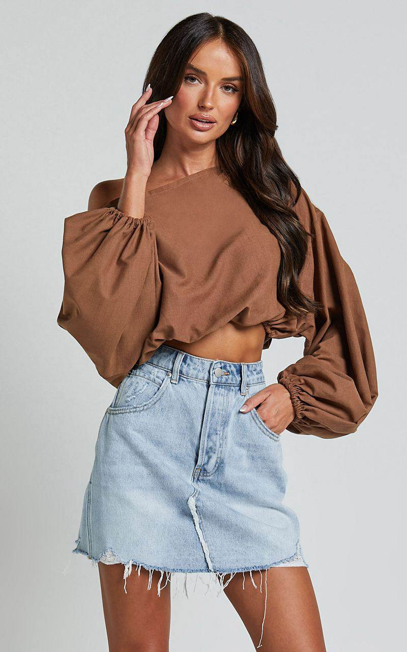 Showpo Alesia Top - Asymmetrical Boat Neck Elastic Hem Crop Top Chocolate | OJSNBZ681