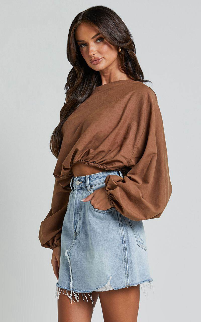 Showpo Alesia Top - Asymmetrical Boat Neck Elastic Hem Crop Top Chocolate | OJSNBZ681