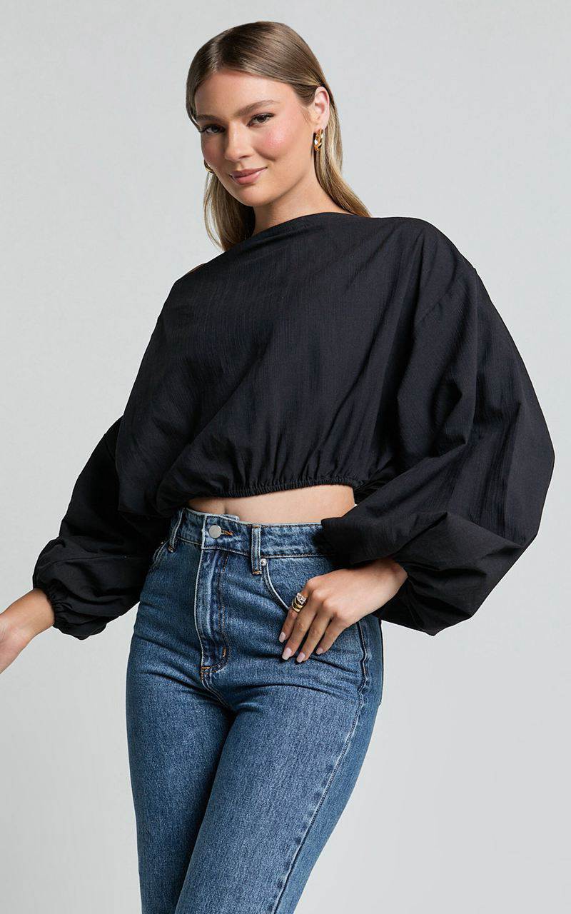 Showpo Alesia Top - Asymmetrical Boat Neck Elastic Hem Crop Top Black | PALTWK513