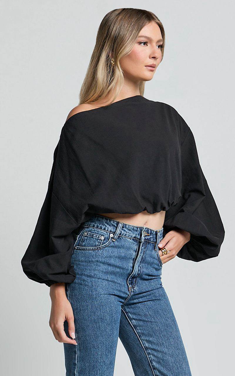 Showpo Alesia Top - Asymmetrical Boat Neck Elastic Hem Crop Top Black | PALTWK513