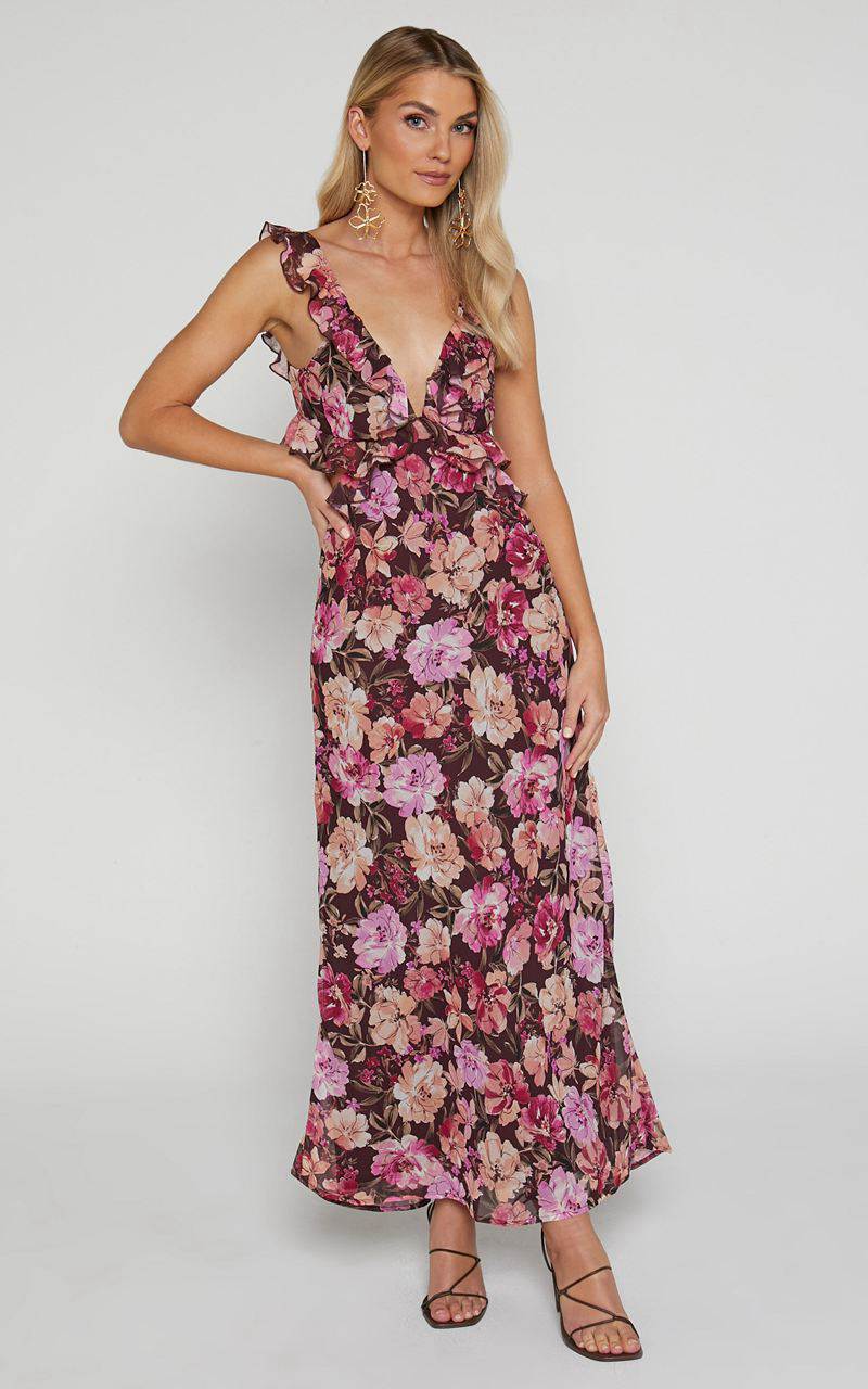 Showpo Alessa Midi Dress - V Neck Frill Detail Empire Waist Back Cut Out Dress Wine Floral | UAFMKP316