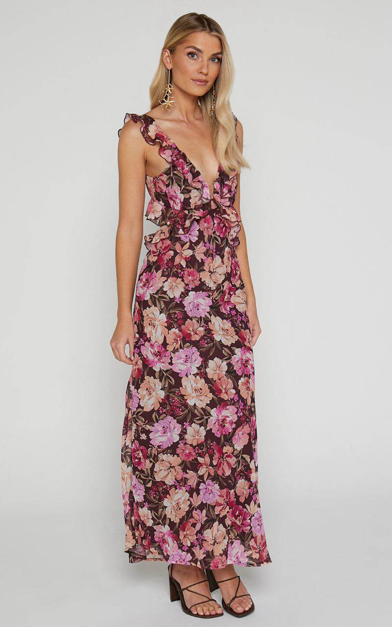 Showpo Alessa Midi Dress - V Neck Frill Detail Empire Waist Back Cut Out Dress Wine Floral | UAFMKP316