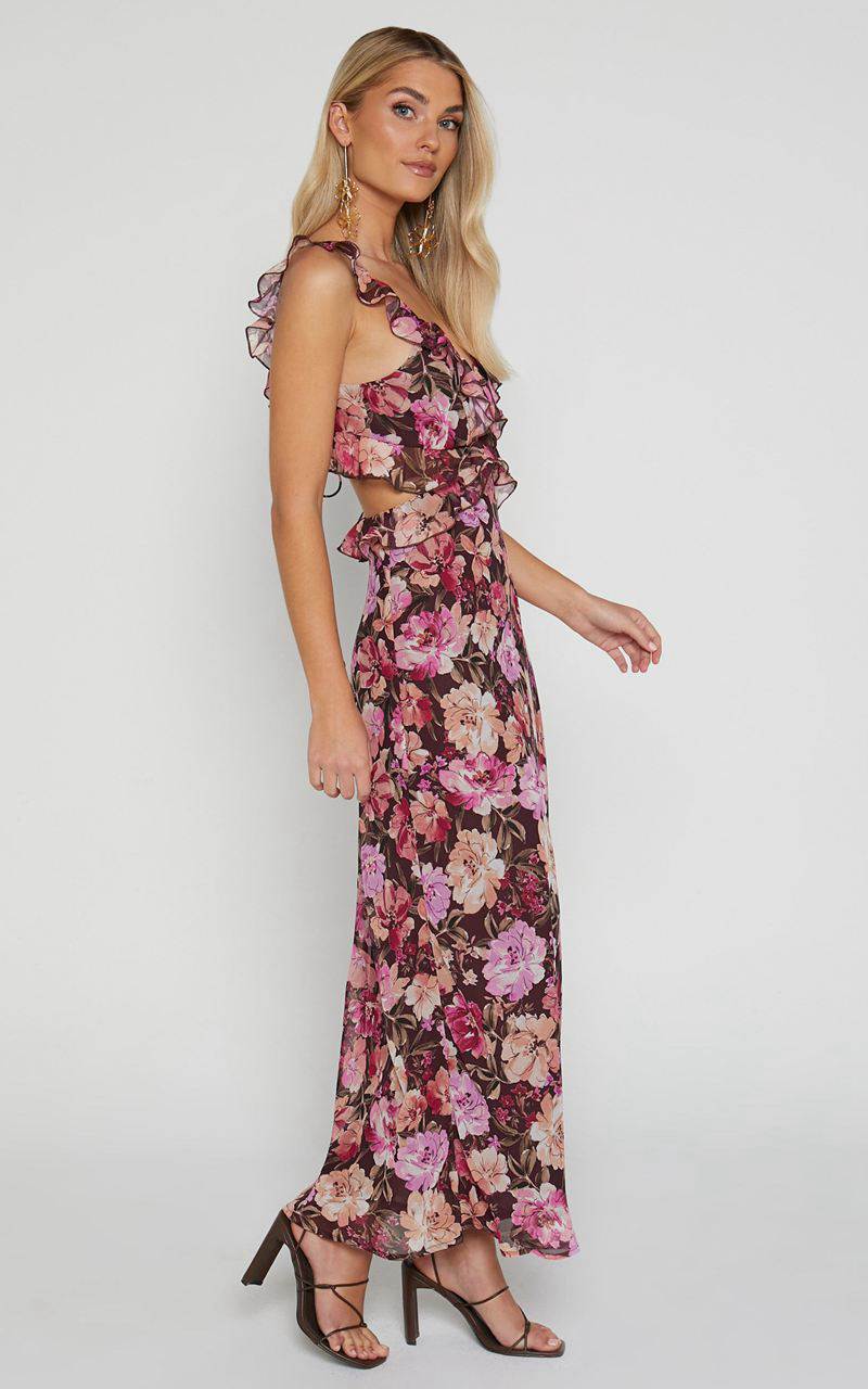 Showpo Alessa Midi Dress - V Neck Frill Detail Empire Waist Back Cut Out Dress Wine Floral | UAFMKP316