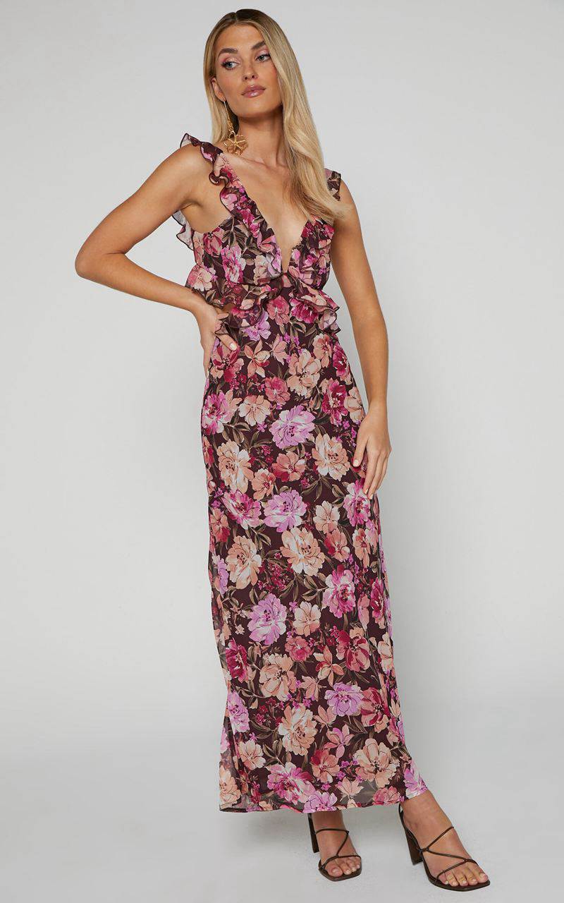 Showpo Alessa Midi Dress - V Neck Frill Detail Empire Waist Back Cut Out Dress Wine Floral | UAFMKP316