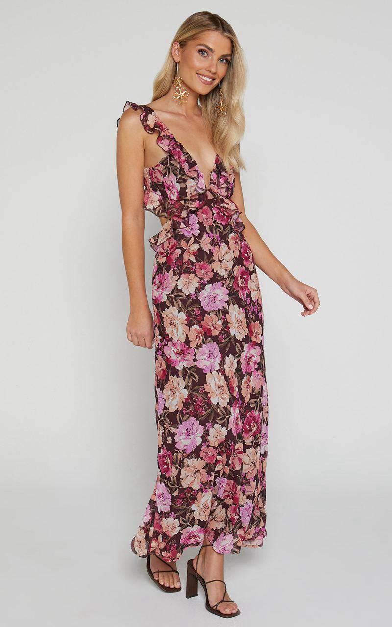 Showpo Alessa Midi Dress - V Neck Frill Detail Empire Waist Back Cut Out Dress Wine Floral | UAFMKP316