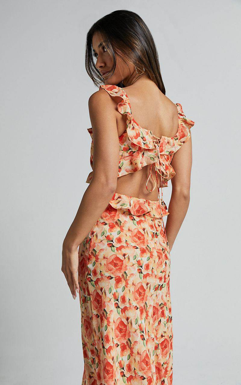 Showpo Alessa Midi Dress - V Neck Frill Detail Empire Waist Back Cut Out Dress Peach Floral | SWZIRF817