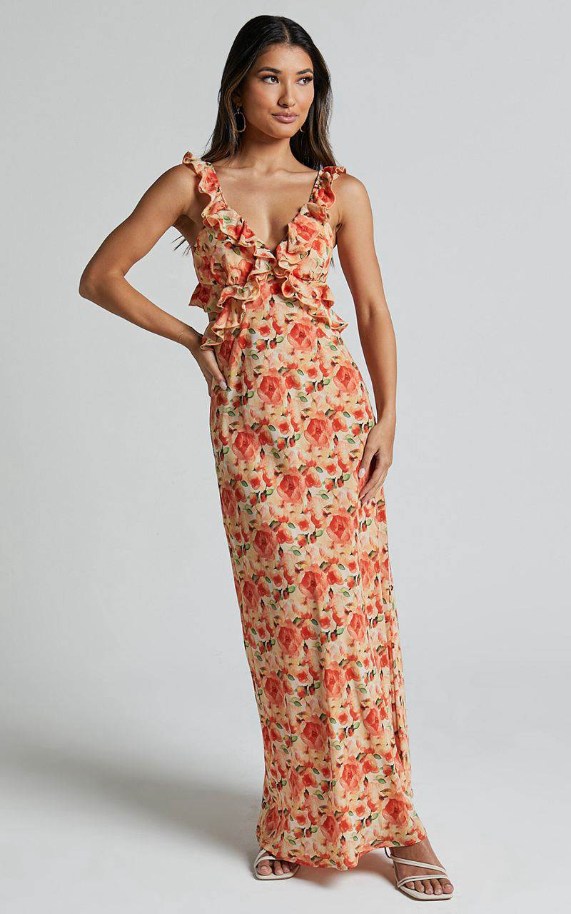 Showpo Alessa Midi Dress - V Neck Frill Detail Empire Waist Back Cut Out Dress Peach Floral | SWZIRF817