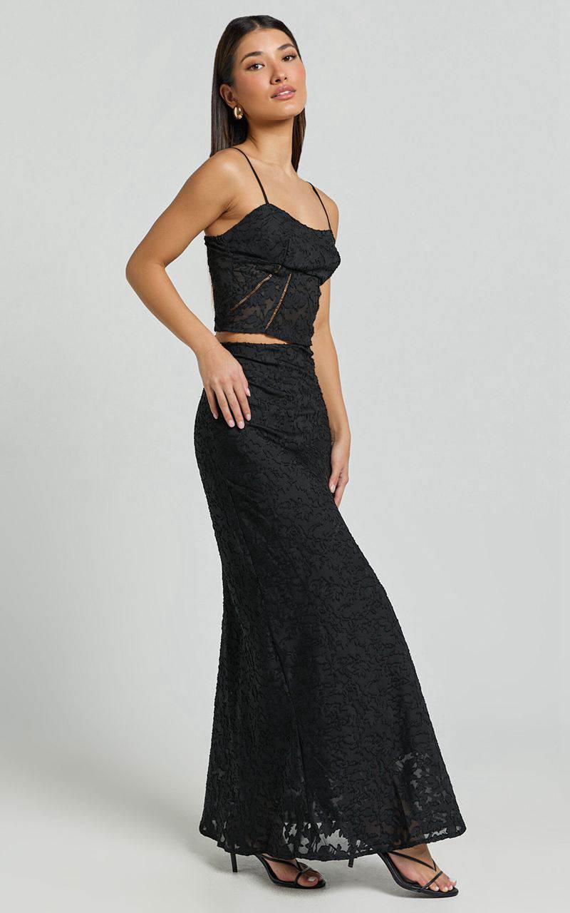 Showpo Alessandra Two Piece Set - Textured Jacquard Cami Top And Maxi Skirt Set Black | FIZSWY185