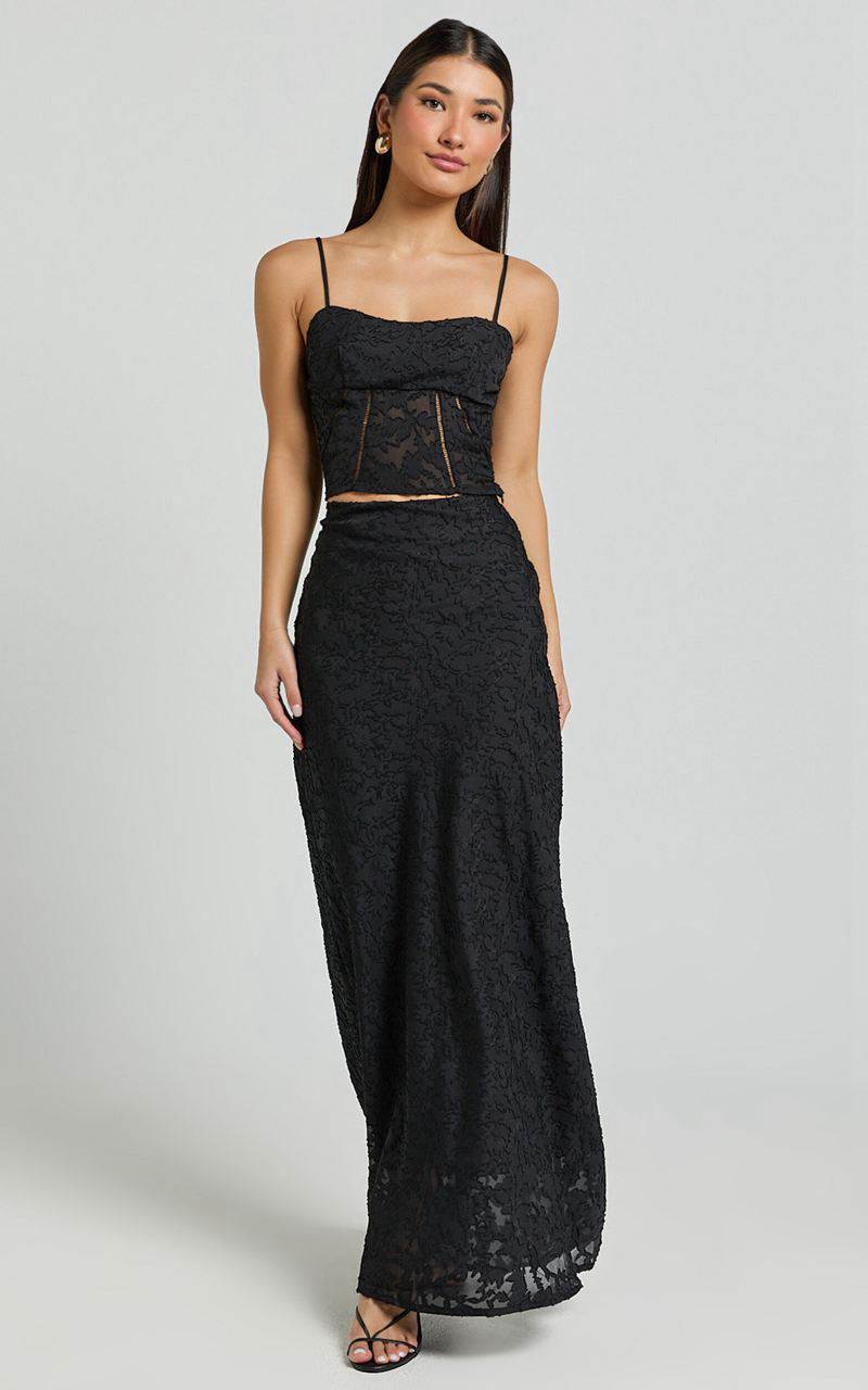 Showpo Alessandra Two Piece Set - Textured Jacquard Cami Top And Maxi Skirt Set Black | FIZSWY185