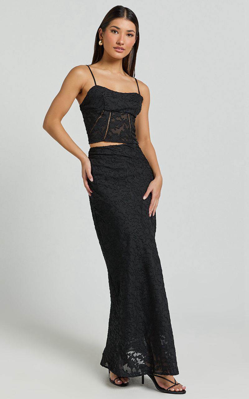 Showpo Alessandra Two Piece Set - Textured Jacquard Cami Top And Maxi Skirt Set Black | FIZSWY185