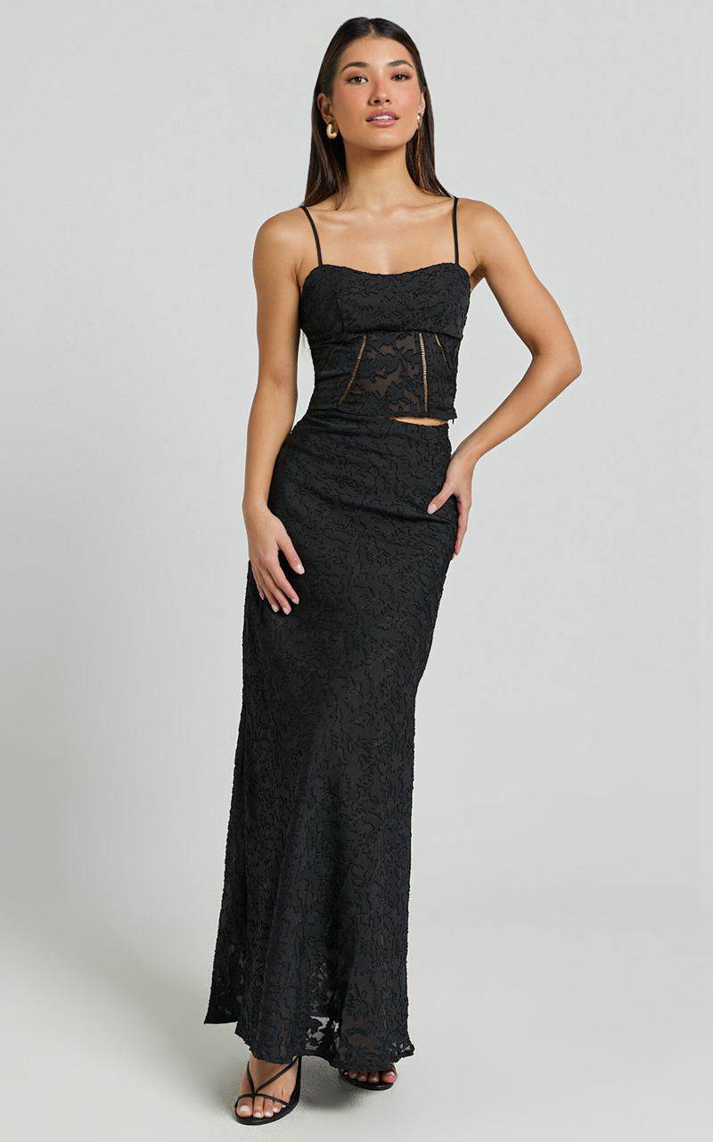 Showpo Alessandra Two Piece Set - Textured Jacquard Cami Top And Maxi Skirt Set Black | FIZSWY185