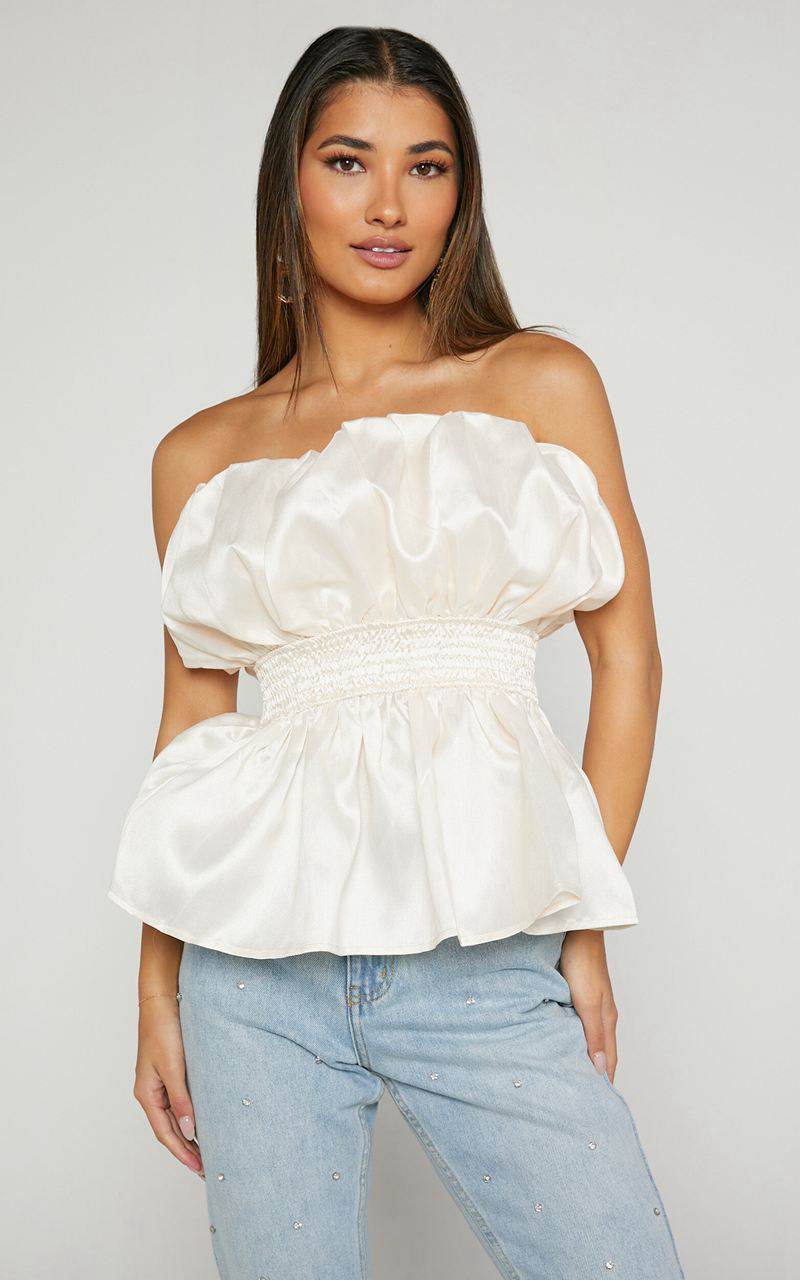 Showpo Alessia Top - Strapless Bubble Peplum Top Cream | ZBLIYT328