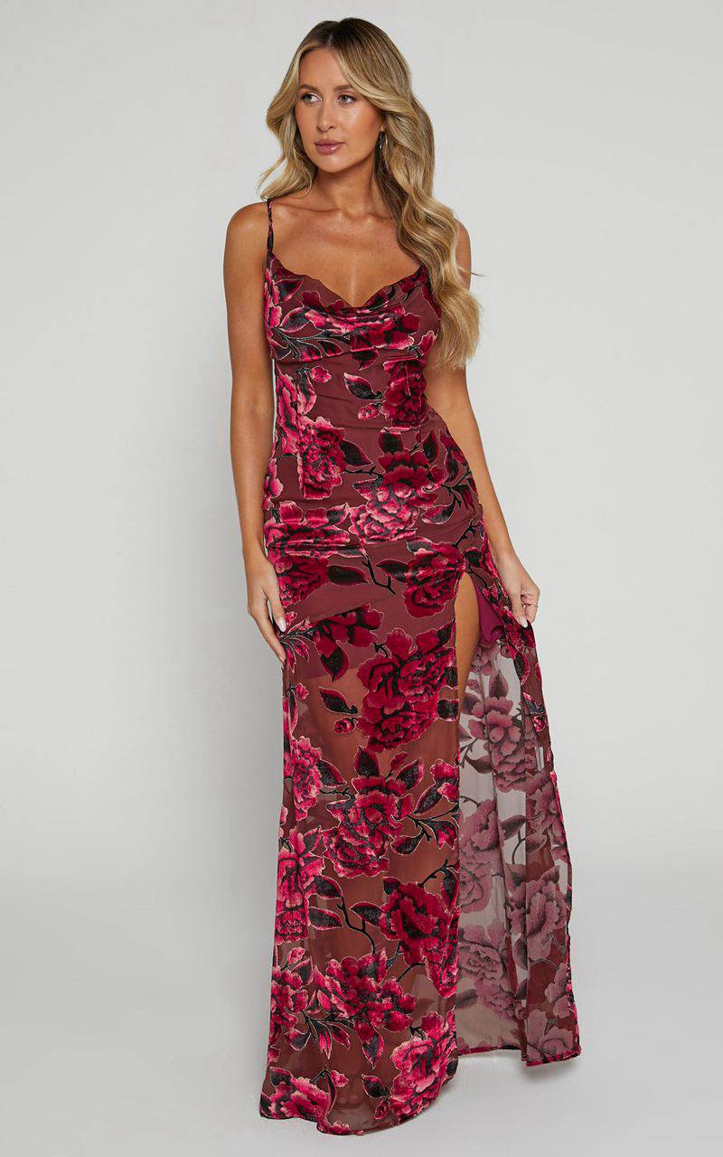 Showpo Aletta Maxi Dress - Cowl Cross Back Dress Wine Floral | TBEYXK086