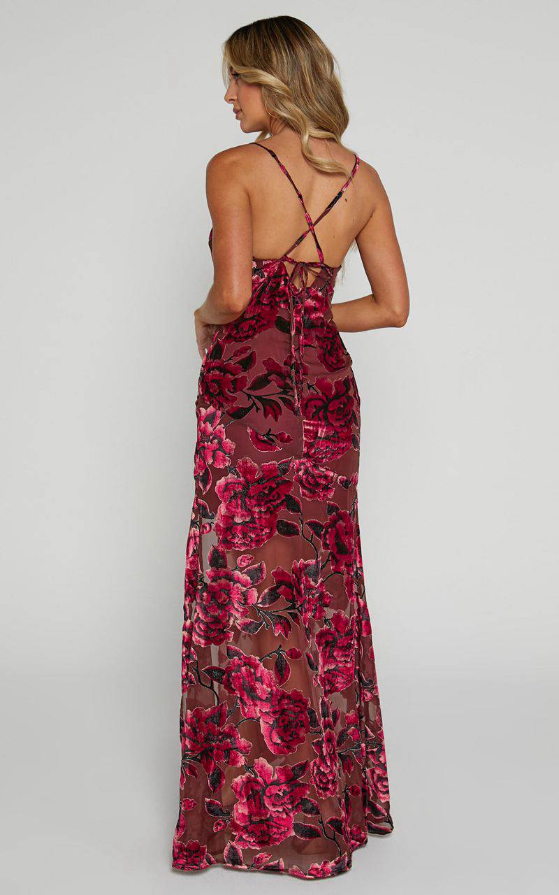 Showpo Aletta Maxi Dress - Cowl Cross Back Dress Wine Floral | TBEYXK086