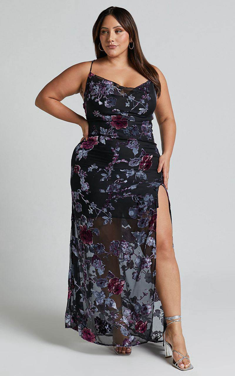 Showpo Aletta Maxi Dress - Cowl Cross Back Dress Purple Haze Burnt Out Floral | ATYKEJ097