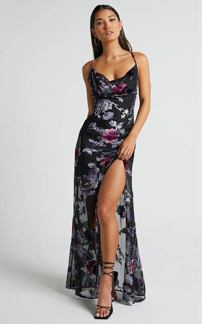 Showpo Aletta Maxi Dress - Cowl Cross Back Dress Purple Haze Burnt Out Floral | ATYKEJ097