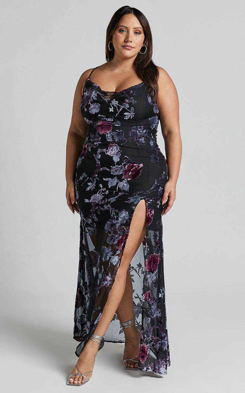 Showpo Aletta Maxi Dress - Cowl Cross Back Dress Purple Haze Burnt Out Floral | ATYKEJ097