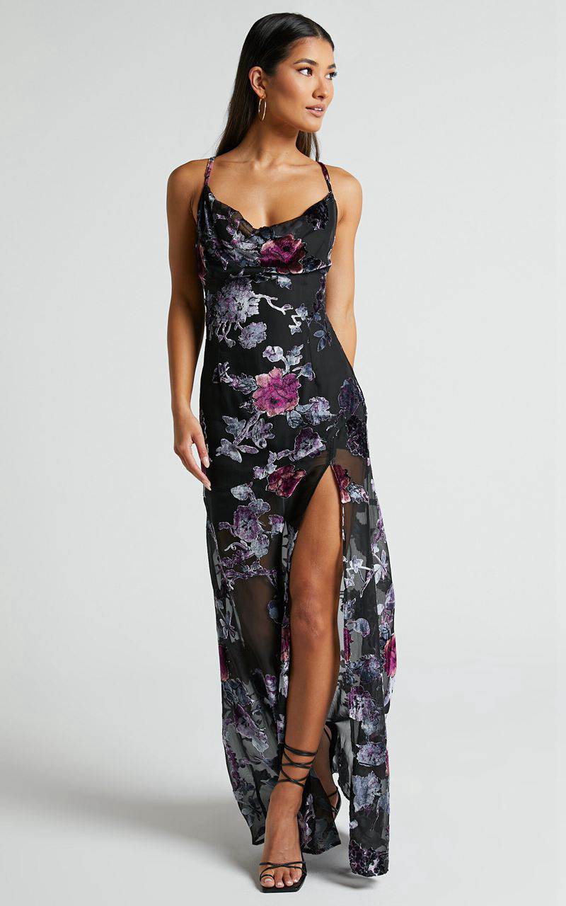 Showpo Aletta Maxi Dress - Cowl Cross Back Dress Purple Haze Burnt Out Floral | ATYKEJ097