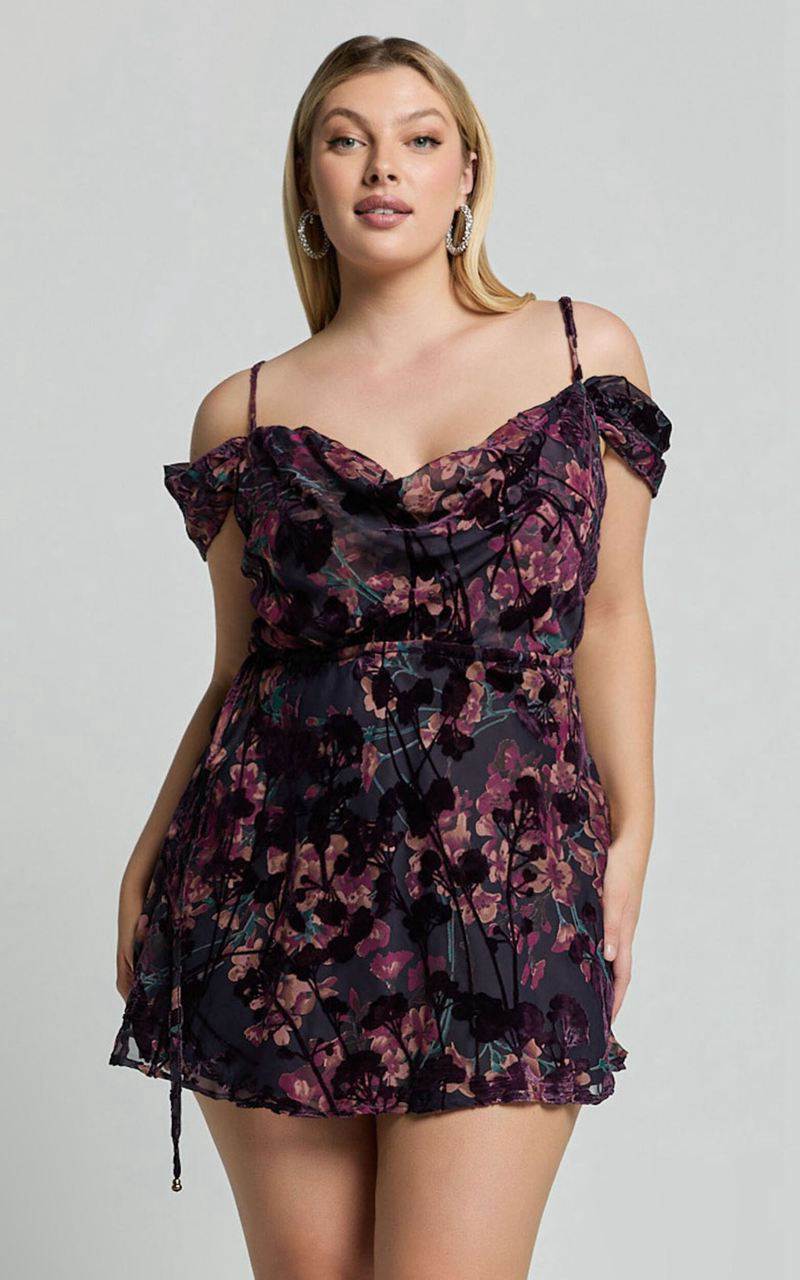 Showpo Aletta Mini Dress - Strappy Off Shoulder Cowl Neck Dress Aletta Burn Out Floral | TNQUKC483