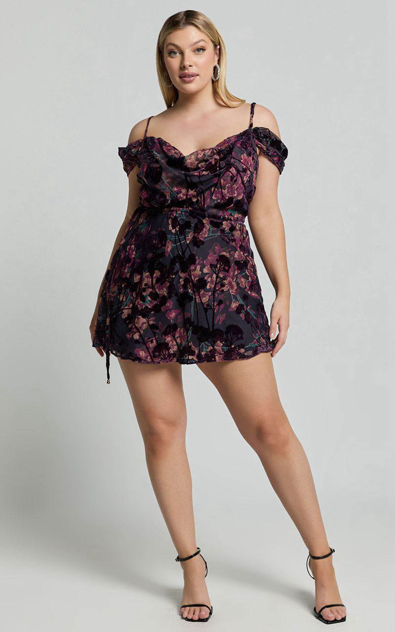 Showpo Aletta Mini Dress - Strappy Off Shoulder Cowl Neck Dress Aletta Burn Out Floral | TNQUKC483