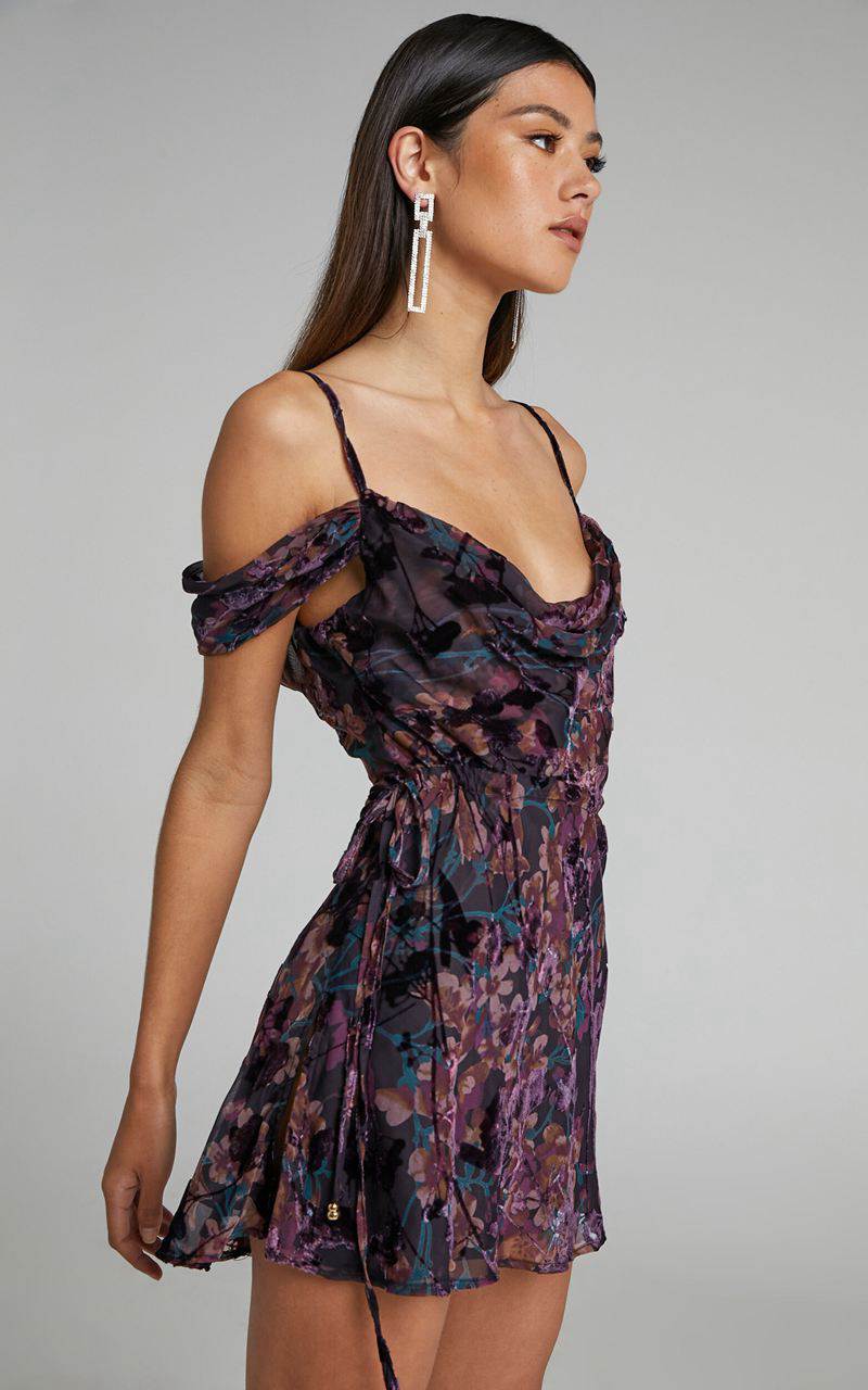 Showpo Aletta Mini Dress - Strappy Off Shoulder Cowl Neck Dress Aletta Burn Out Floral | TNQUKC483