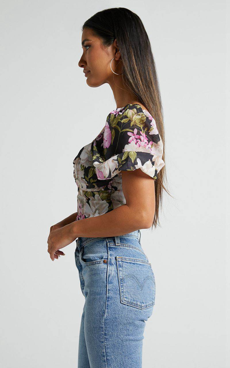 Showpo Alex Bodysuit - Short Puff Sleeve Bodysuit Midnight Floral | YGXHFI943