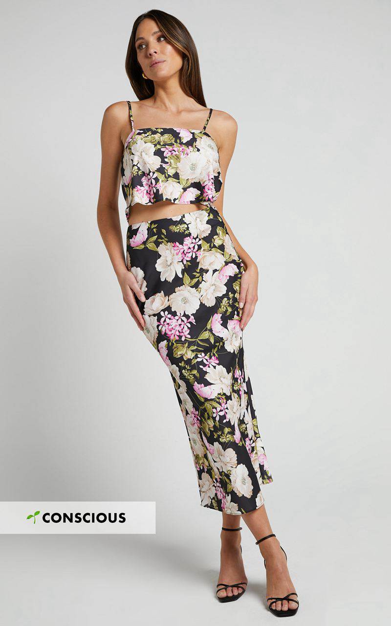 Showpo Alex Two Piece Set - Cami Top And Slip Midi Skirt Set Midnight Floral | MYZOTI265