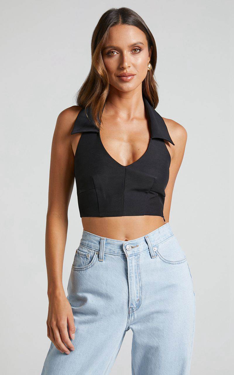 Showpo Alexandria Top - Collared Halter Crop Top Black | VIOHXE456