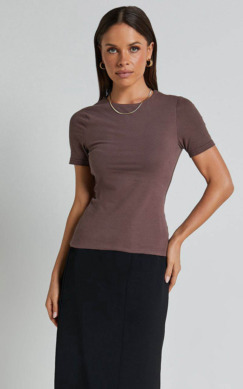 Showpo Alexie Tshirt - High Neckline Tshirt Dark Oak | BXMWHT246