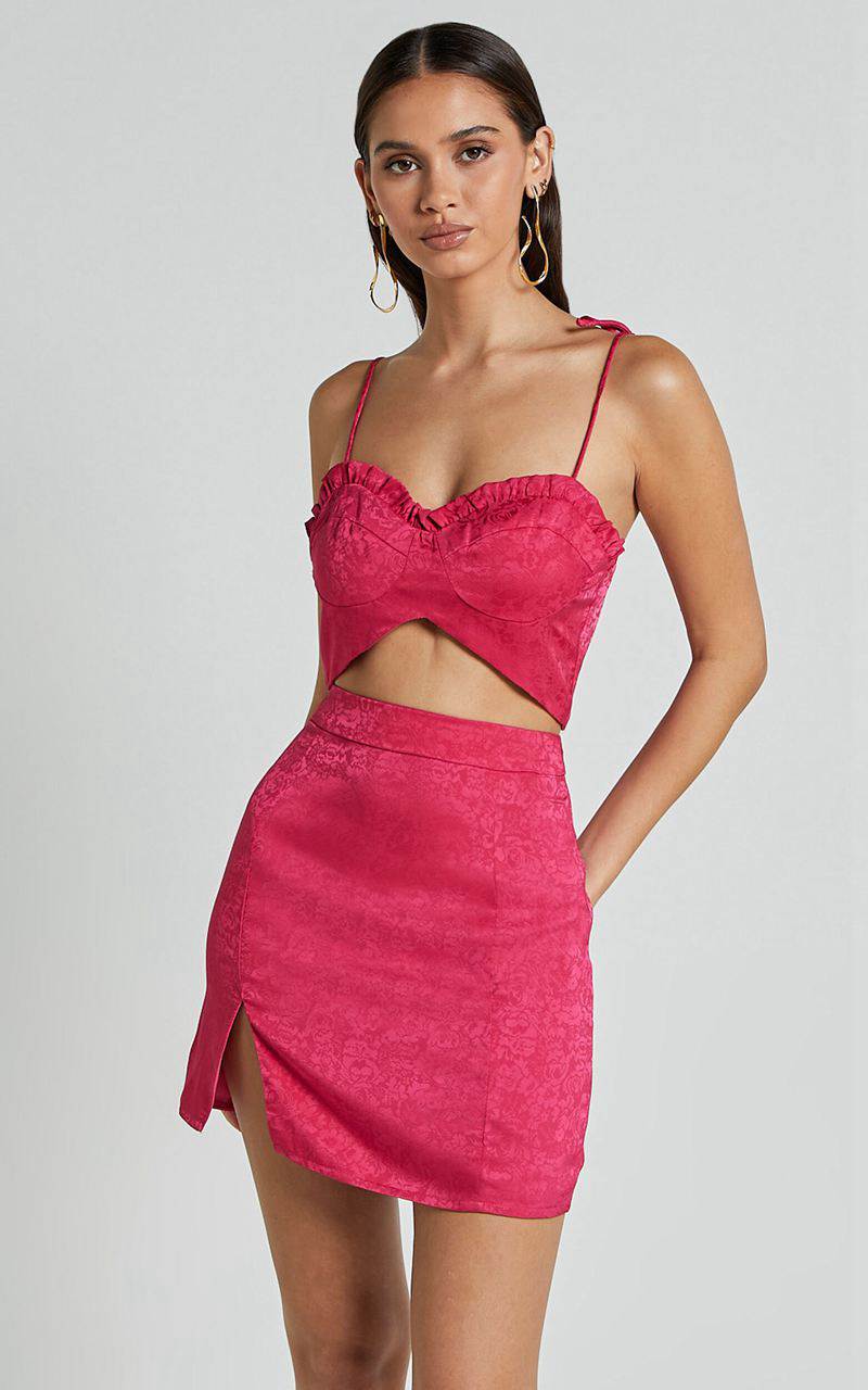 Showpo Alexina Two Piece Set - Bustier Crop & Mini Skirt Jacquard Set Hot Pink | BRYDGF149