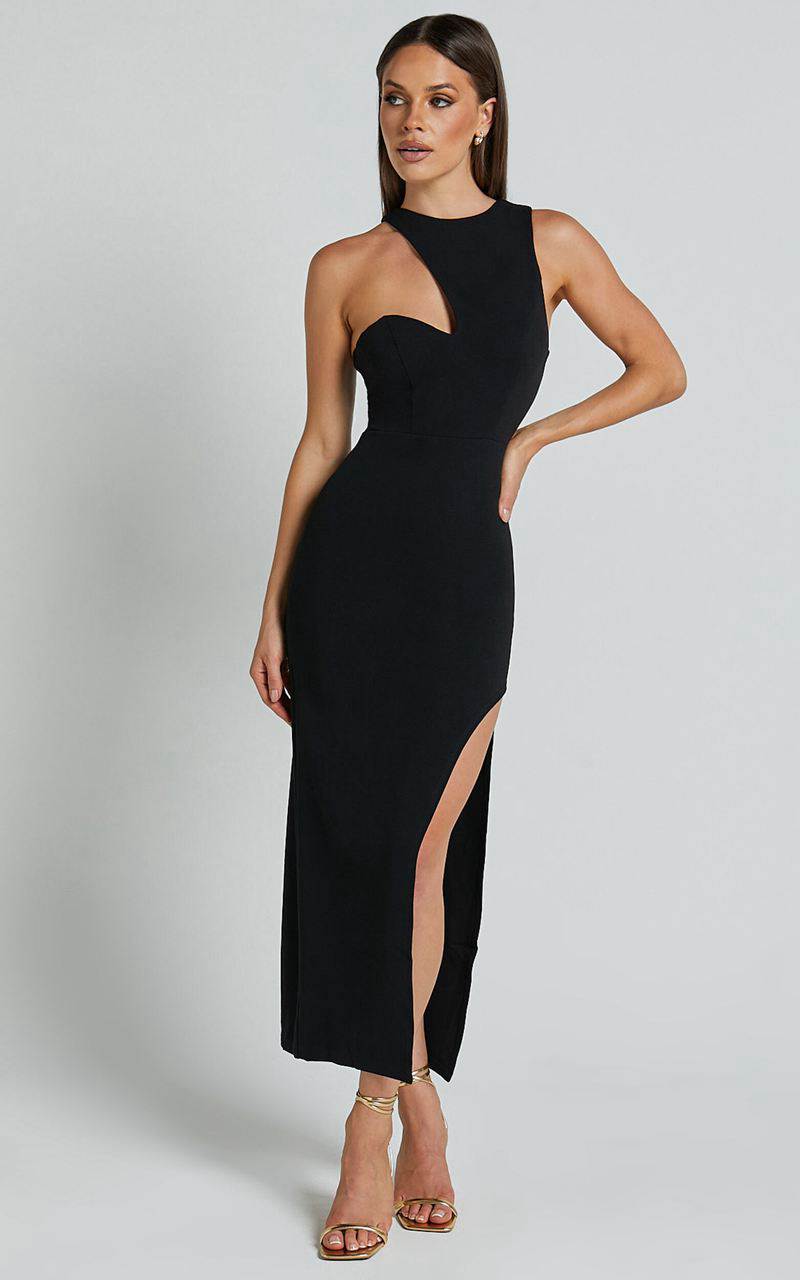 Showpo Alexis Midi Dress - Cut Out Detail High Split Dress Black | OPTGXR534