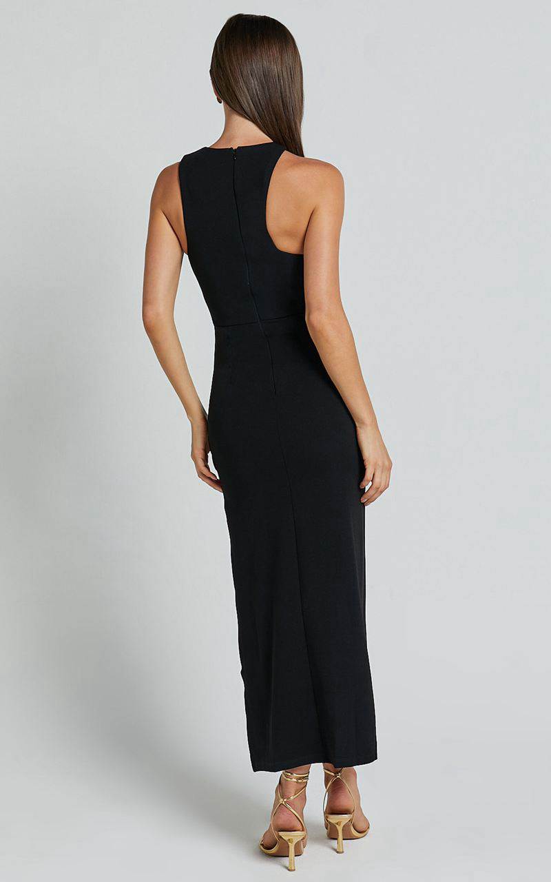 Showpo Alexis Midi Dress - Cut Out Detail High Split Dress Black | OPTGXR534