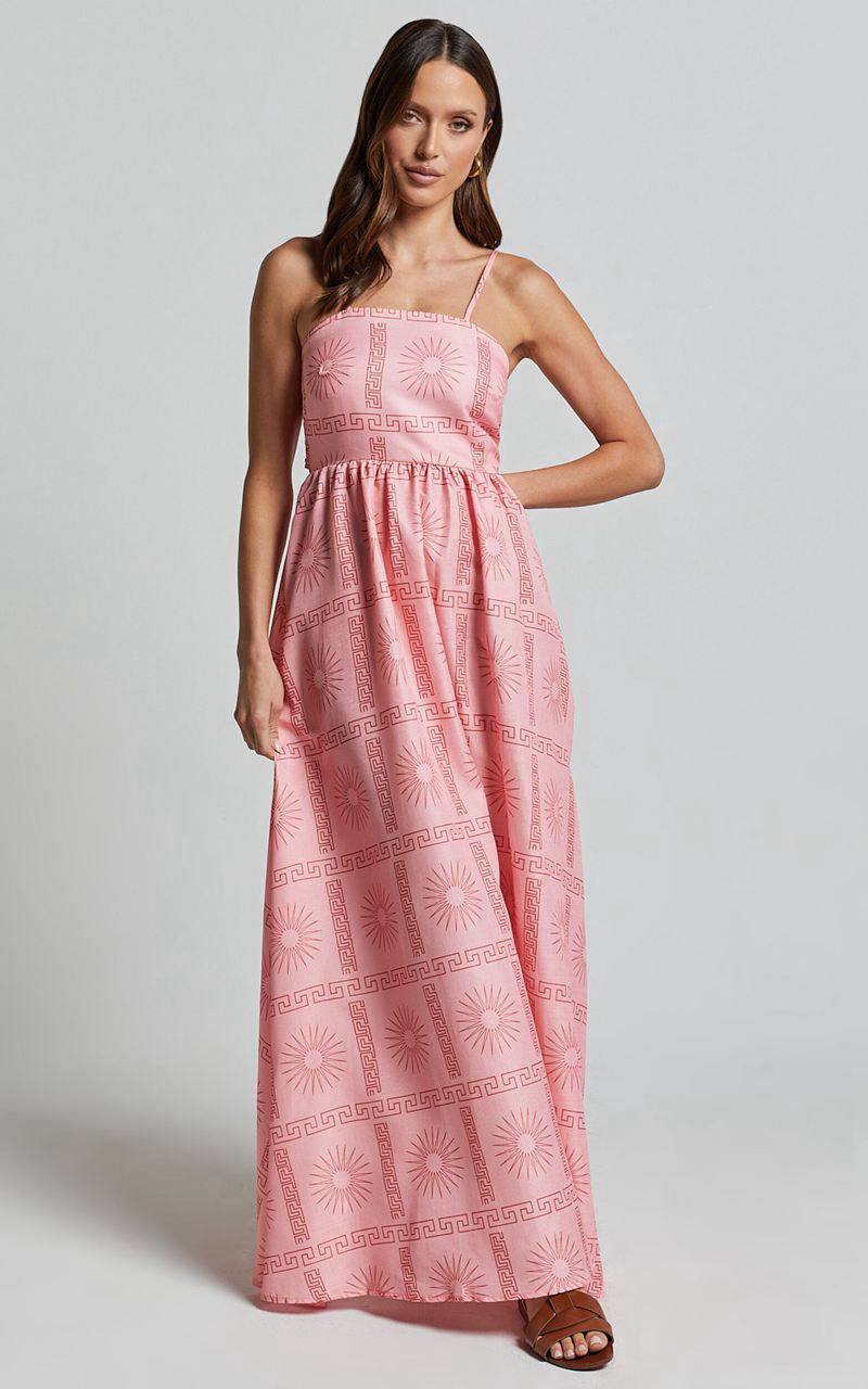 Showpo Alexis Midi Dress - Strappy Straight Neck A Line Dress Pink Print | EPUVJH796