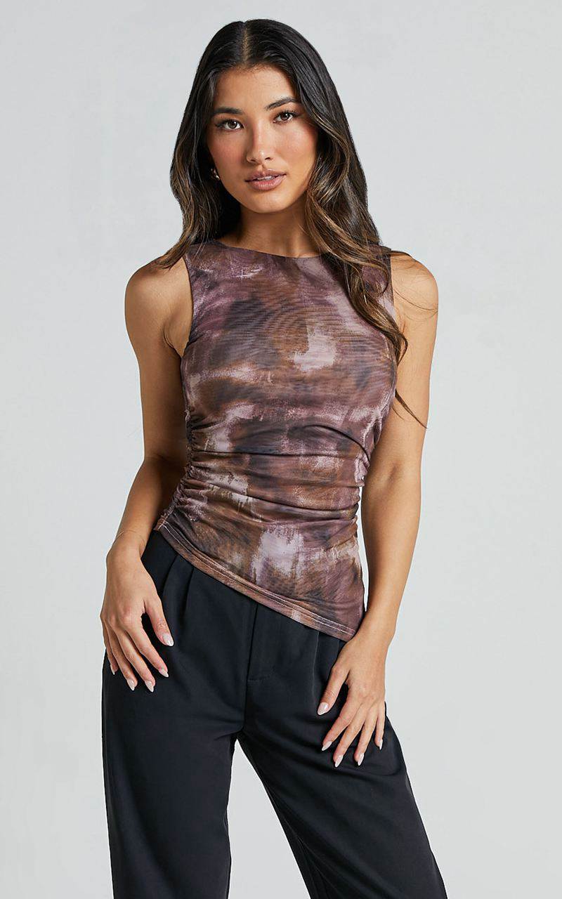 Showpo Alexis Top - Boat Neck Ruched Asymmetric Mesh Top Rustic Haze Print | XIAUMO961