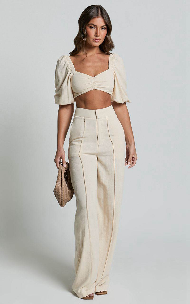 Showpo Aleydise Two Piece Set - Puff Sleeve Gathered Crop Top And Pants Set Natural | IDFSTP532