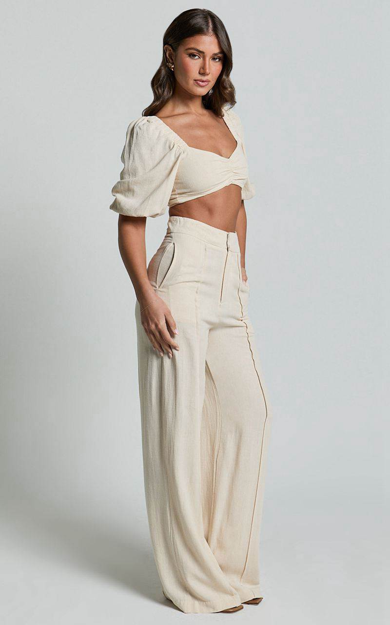 Showpo Aleydise Two Piece Set - Puff Sleeve Gathered Crop Top And Pants Set Natural | IDFSTP532