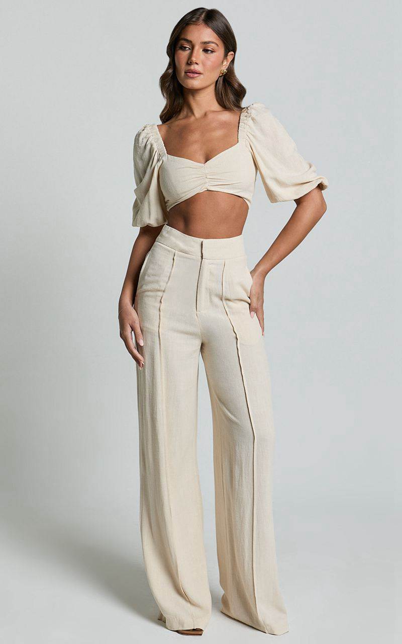 Showpo Aleydise Two Piece Set - Puff Sleeve Gathered Crop Top And Pants Set Natural | IDFSTP532