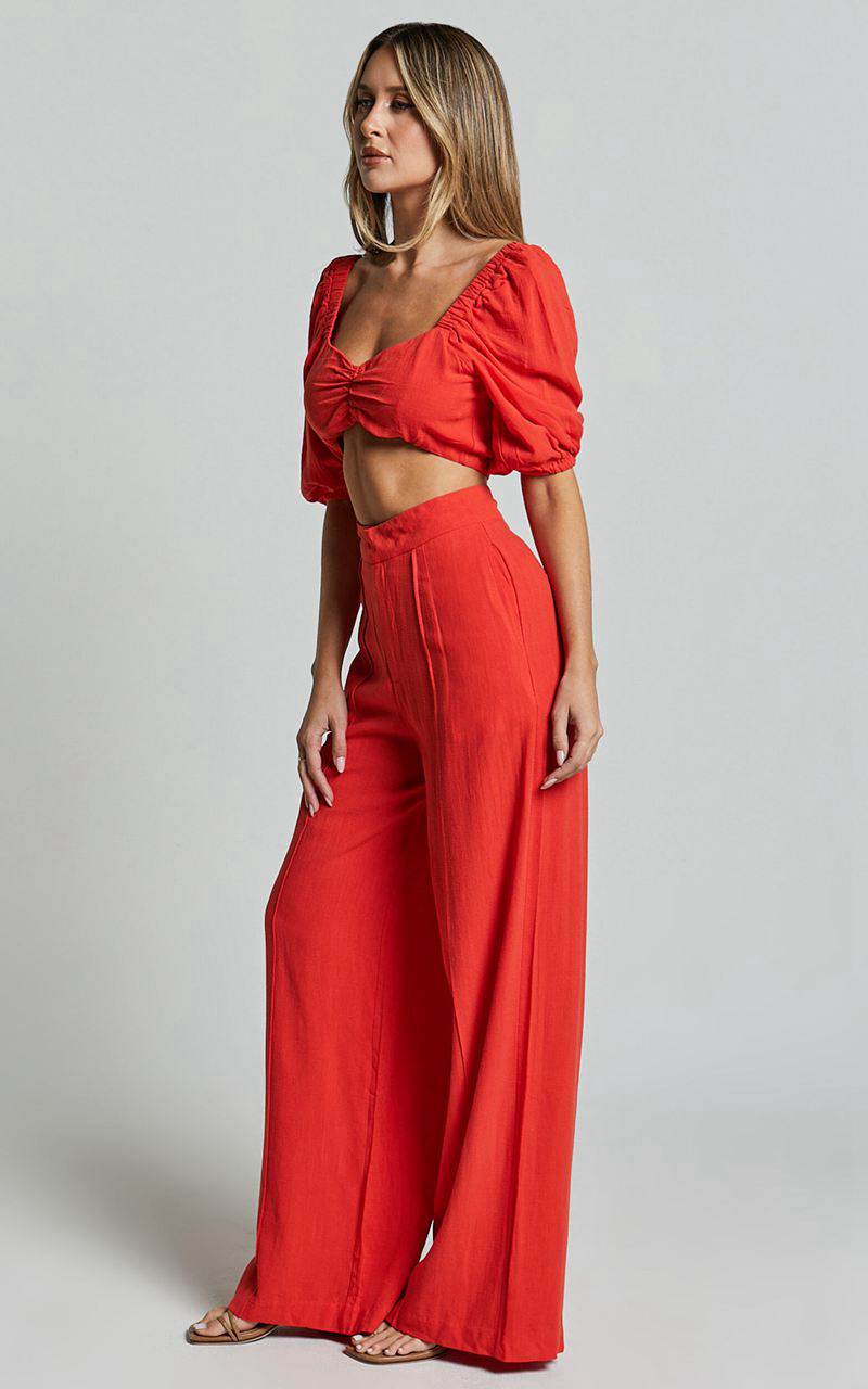 Showpo Aleydise Two Piece Set - Puff Sleeve Gathered Crop Top And Pants Set Burnt Orange | HLTOEJ067