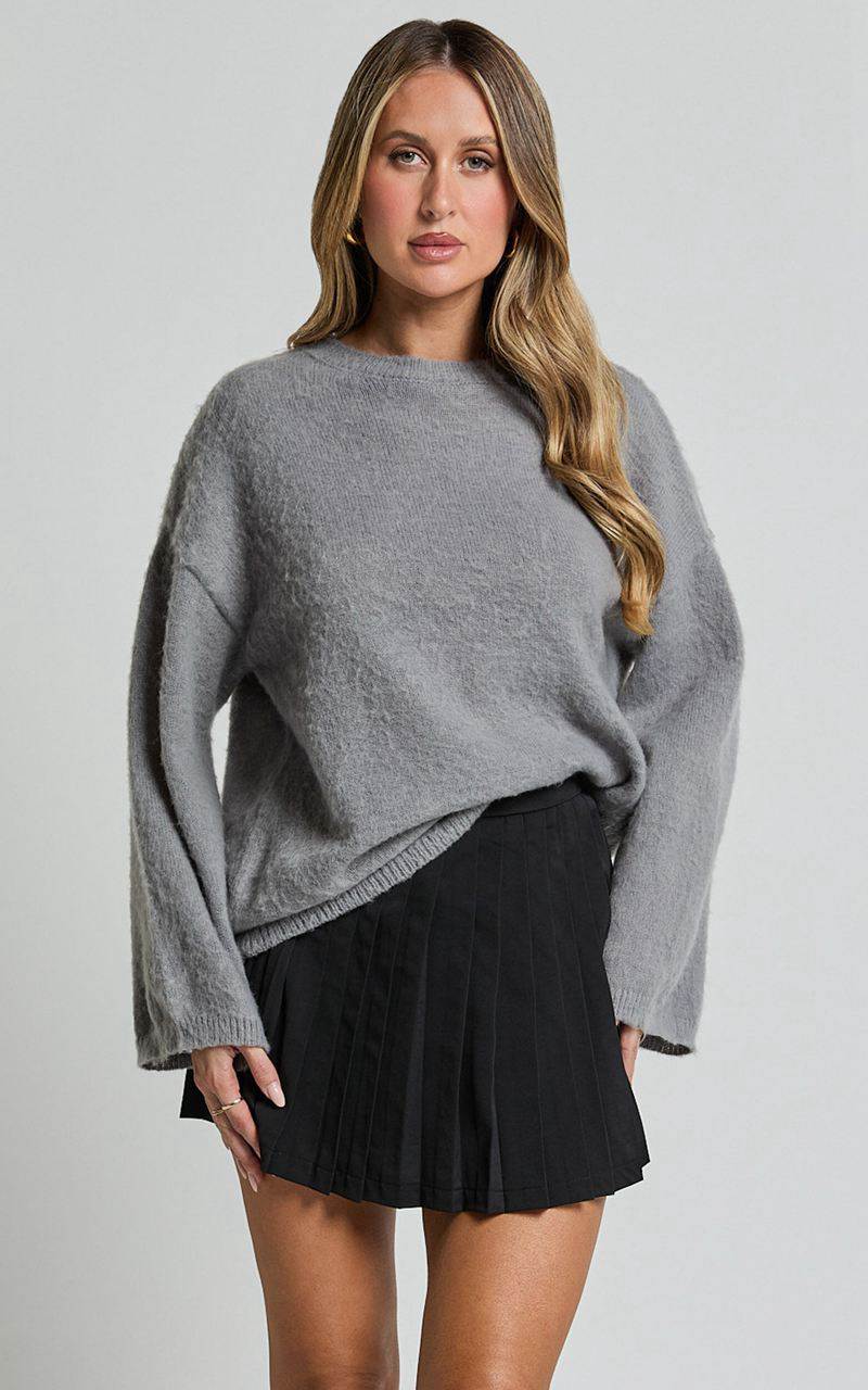 Showpo Alfie Jumper - Crew Neck Relaxed Fluffy Knit Jumper Grey | MOTDQX312