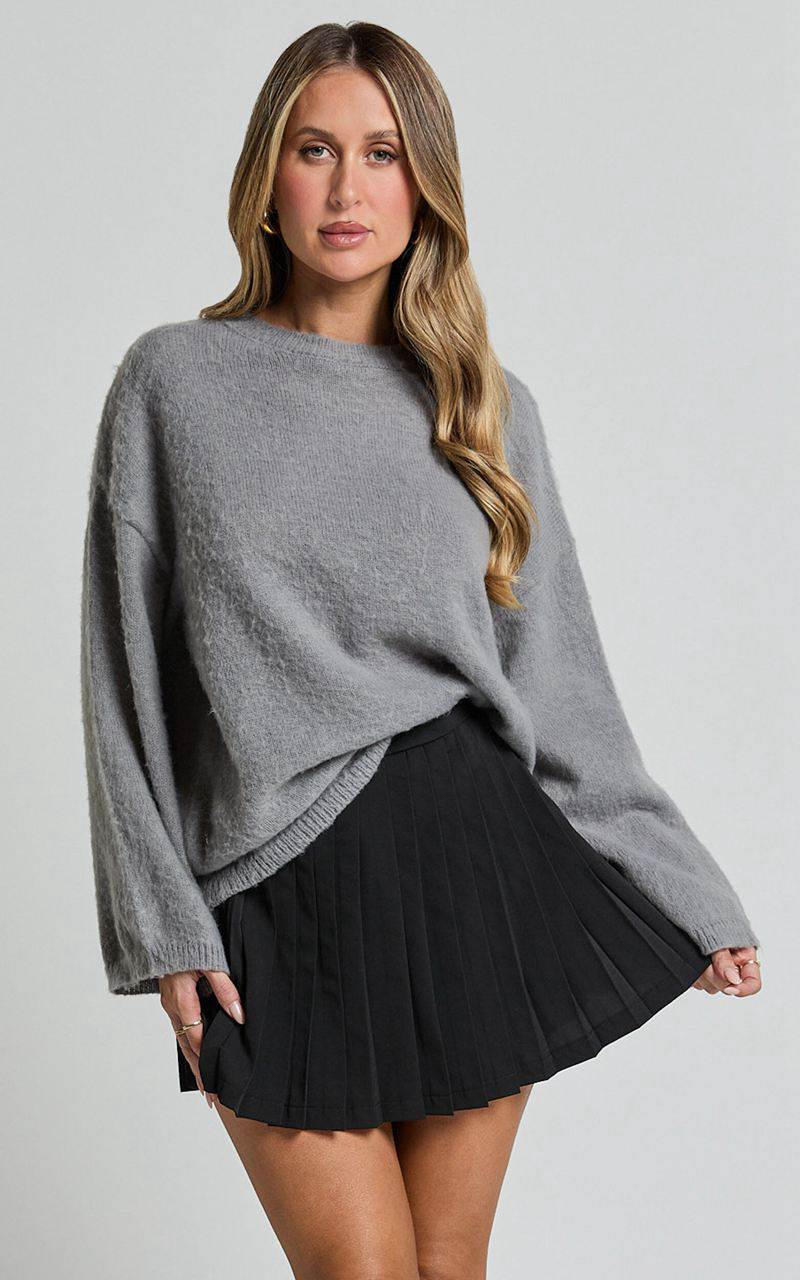 Showpo Alfie Jumper - Crew Neck Relaxed Fluffy Knit Jumper Grey | MOTDQX312