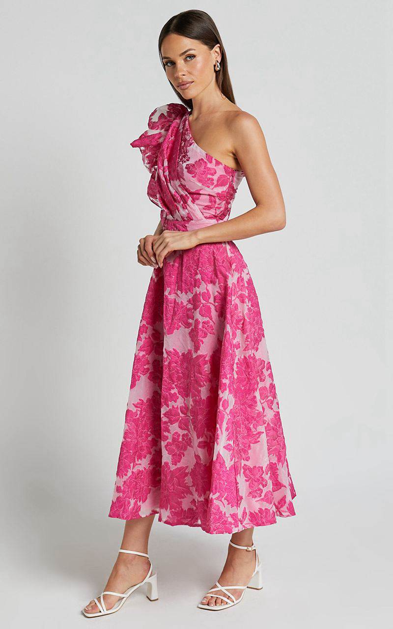 Showpo Alfreda Midi Dress - One Shoulder Ruffle Detail Brailey Jacquard Dress Pink | MKXJYV720