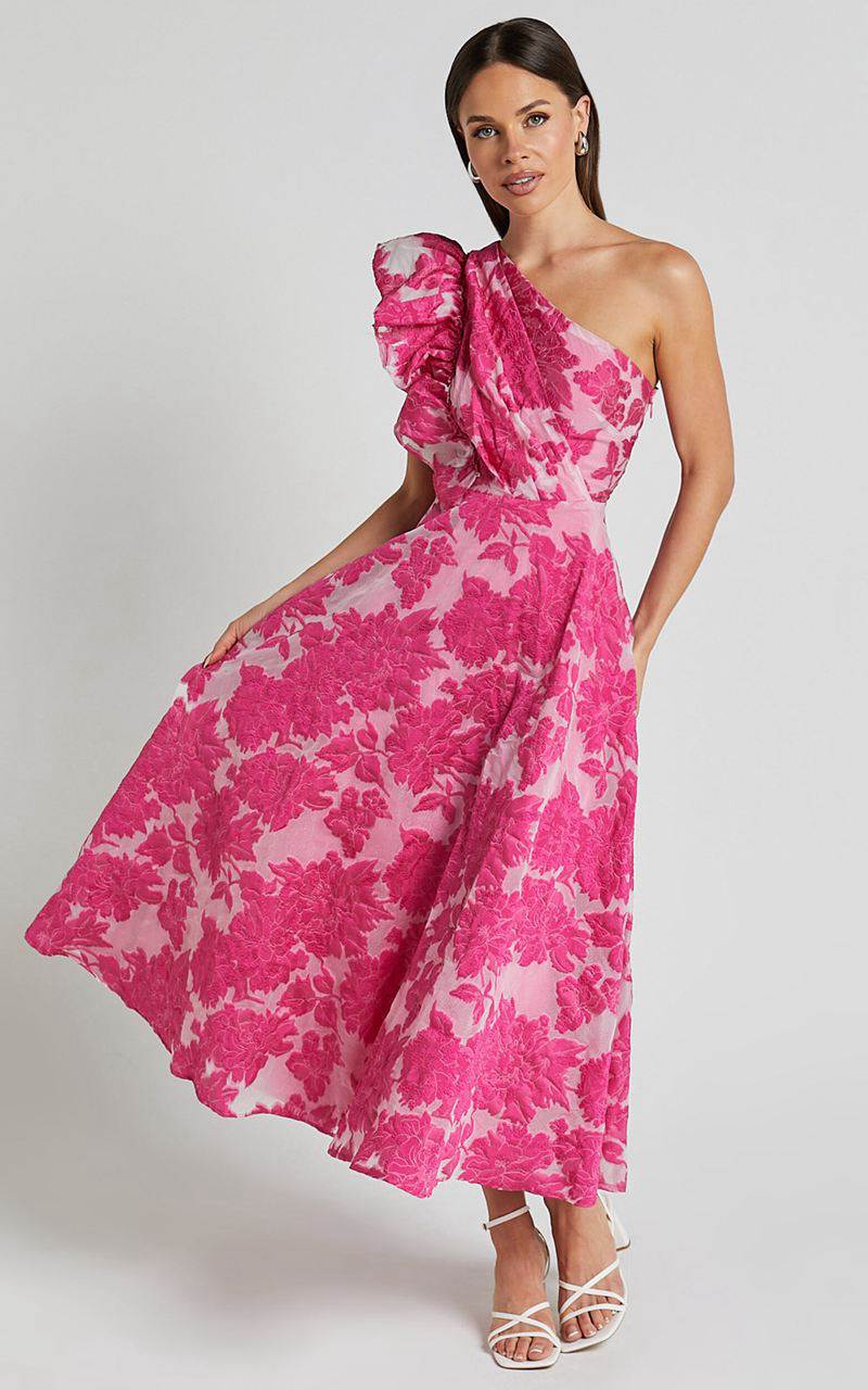 Showpo Alfreda Midi Dress - One Shoulder Ruffle Detail Brailey Jacquard Dress Pink | MKXJYV720