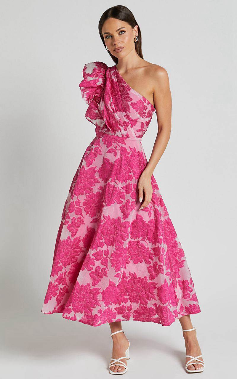 Showpo Alfreda Midi Dress - One Shoulder Ruffle Detail Brailey Jacquard Dress Pink | MKXJYV720