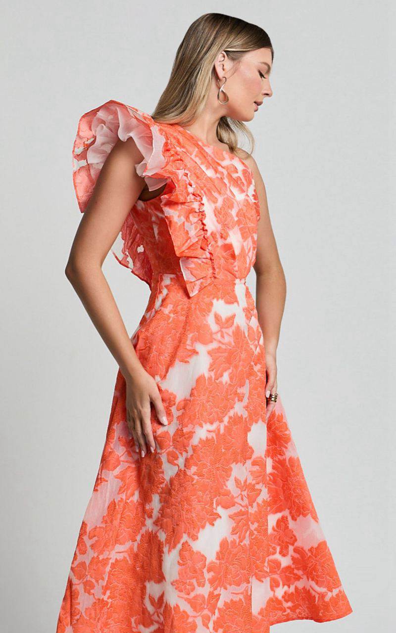 Showpo Alfreda Midi Dress - One Shoulder Ruffle Detail Brailey Jacquard Dress Orange Jacquard | BQXMET913